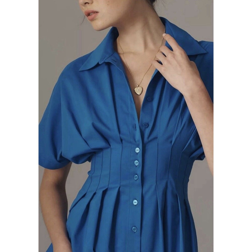 Exquise Anthropologie Midi Shirt Dress Tobie Blue Pleated Preppy Retro XXS NWT